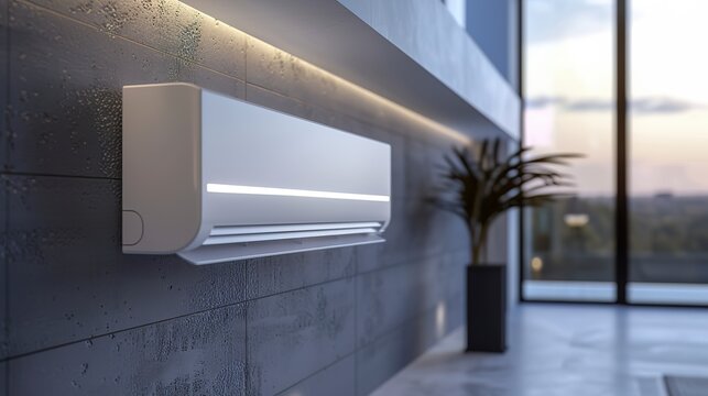 A long and thin white rectangular air conditioning unit in frigid and flimsy style. Air conditioning in industrial design for residence and indoor use.