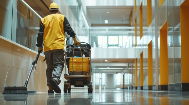 Rear view of a janitor pushing a cleaning cart through brightly lit contemporary office corridor, symbolizing maintenance and routine work.