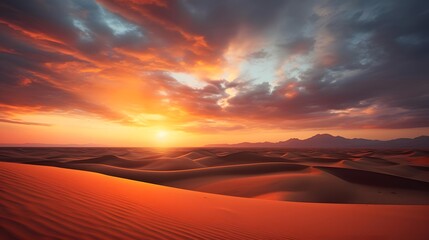 Dramatic sunset over the sand dunes in the Sahara desert - obrazy, fototapety, plakaty