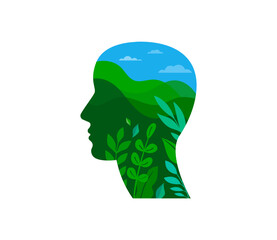 Man head with green landscape, nature, mountains and trees. Environment, ecology, Earth day concept design. Banner, poster, abstract background in modern minimal style