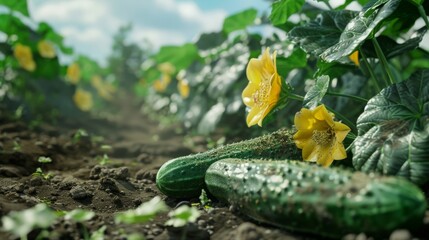 cucumbers on the plantation - obrazy, fototapety, plakaty