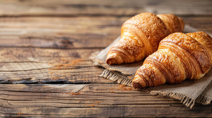 French croissant on a napkin on wooden table banner with copy space