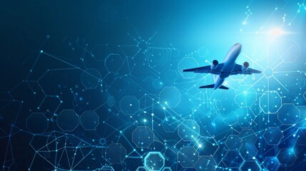 Fototapeta premium airplane flying, tracking hexagons background 