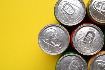 Energy drinks in wet cans on yellow background, top view. Space for text