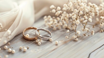 Obraz na płótnie Canvas Elegant wedding rings nestled among gypsophila on a rustic wooden table. Romantic wedding ring setup with soft floral arrangement and wood backdrop.