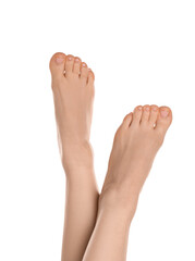 Obraz premium Woman with neat toenails after pedicure procedure isolated on white, closeup