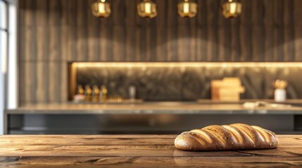 Artisan bread on rustic wooden table with contemporary kitchen backdrop. Freshly baked loaf ready for the gourmet home chef. The warmth of home baking in a stylish modern setting.