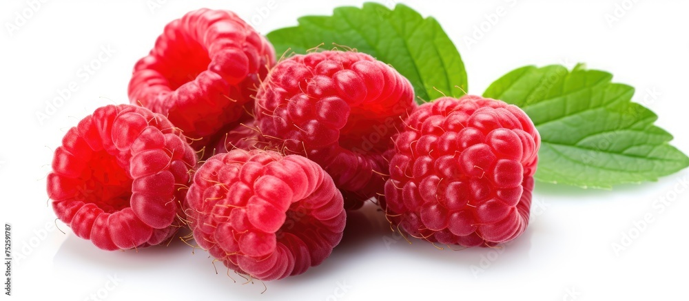 Poster ripe red raspberries sit atop their green leaves against a clean white backdrop. the contrast highli