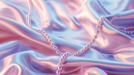 Elegant pearls on satin textile in soft hues. Luxurious pearl necklace against silky pink and blue background. Delicate string of pearls on textured satin material.
