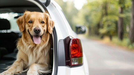 Golden retriever enjoying car ride in lush green setting. Happy dog leaning out of car on sunny day. Pet travel safety with joyful golden retriever in vehicle.