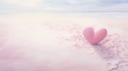 Ethereal pink heart on soft sand for romantic concepts. Gentle heart-shaped object on a dreamy sandy background. Serene heart symbol in pastel tones for love and romance imagery.