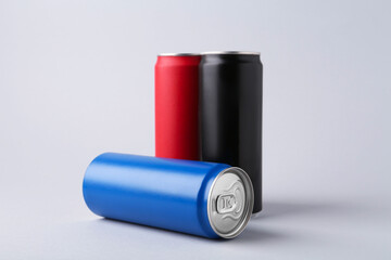 Energy drinks in colorful cans on light grey background