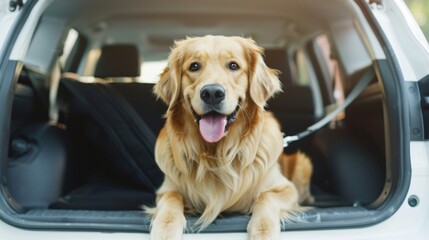 Content golden retriever waiting in car for a trip. Domestic pet golden retriever in vehicle trunk space. Relaxed dog in car ready for travel or vet visit.