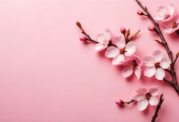 Obraz premium Cherry blossom branch with pink flowers on a plain background