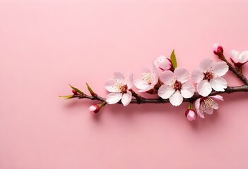 Cherry blossom branch with pink flowers on a plain background