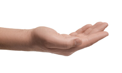 Man holding something in hand on white background, closeup