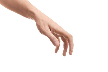 Man holding something in hand on white background, closeup