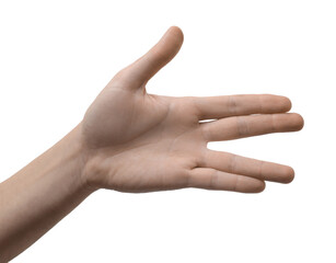 Man showing hand on white background, closeup