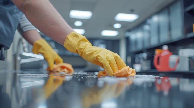 Close-up of hands in yellow rubber gloves cleaning a kitchen counter in a contemporary office environment, ensuring hygiene and tidiness.