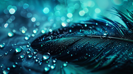 close up of blue water drops on feather