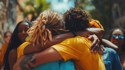 group of diverse people holding and embracing each other