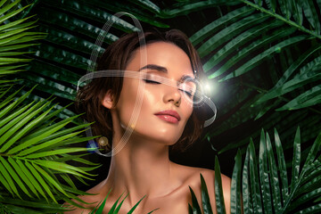 Creative metaphor collage of young lady have facial recognition to new virtual game with tropical...