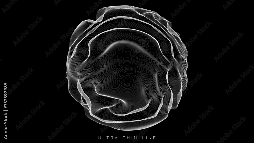 Poster ultra thin line fluid geometry. dynamic vector distorted spheres.
