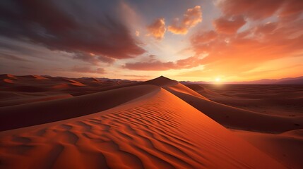 Panorama of sand dunes in Sahara desert at sunset, Morocco - obrazy, fototapety, plakaty