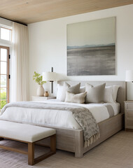 The main bedroom in this home has white walls and bed frame, in the style of organic textures, unprimed canvas, earth tone color palette, coastal landscapes, unexpected fabric combinations