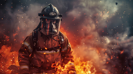 Fototapeta premium Firefighter surrounded by fire