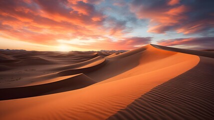 Panoramic view of sand dunes at sunset in the Sahara desert, Morocco