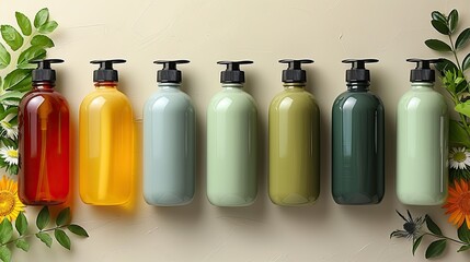 Row of different colorful shampoo pump bottles with plant leaves - obrazy, fototapety, plakaty