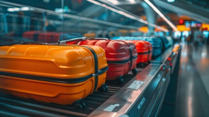 suitcases on the airport baggage line  - obrazy, fototapety, plakaty