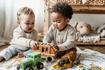 Two Toddlers Playing With Toys on the Floor. Generative AI
