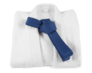 Blue karate belt and kimono isolated on white