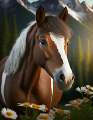 Horse with daisy flowers and mountains in the background, digital painting