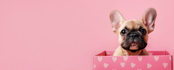 French Bulldog puppy sitting inside pink gift box adorned with heart shapes. The puppy’s large, expressive ears add to its charm. The soft pink background make adorable scene, banner with copy space
