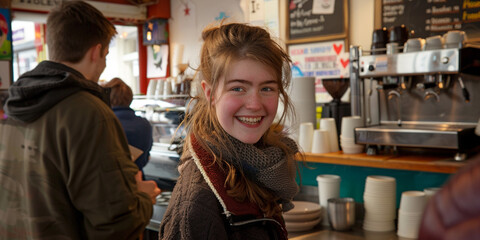 Obraz premium A woman with a scarf on her head is smiling at the camera in a coffee shop. Image created by AI