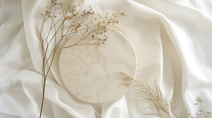 Empty round beige platform podium, dry tree twigs and bent grass on white linen fabric background. Minimal creative composition background for cosmetics or products presentation. Top view 