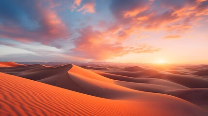 Panorama of sand dunes in the Sahara desert at sunset. - obrazy, fototapety, plakaty