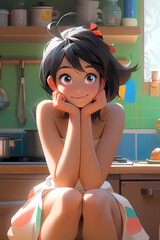 A charming woman sits in her kitchen, resting her head on her hands with a kind and patient expression. Dressed in a cheerful summer dress that complements her figure. Created with generative A.I.