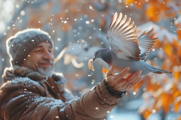 Kind man feed pigeons from the hands in the park. Goodness and sincerity around us. - obrazy, fototapety, plakaty