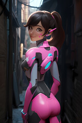 An young woman poses with an inviting sideways glance over her shoulder. Dressed in a captivating pink cyber plug suit that showcases her perfect figure. Created with generative A.I.