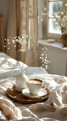 The atmosphere of a romantic morning, coffee in bed. Flowering branches in a vase and a cup of coffee on a wooden tray on a white silk bed. Home interior. Life style