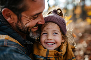 Dad hugging his little daughter in the park-father and daughter outdoors smiling face to face