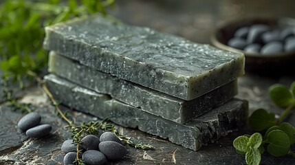 Natural tar soap and a small sprig of vegetation on a gray stone table. Small black stones