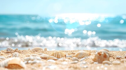Sand beach and clear blue sea under the heat of the sun, with defocused background. Summer vacation mood banner. - Powered by Adobe