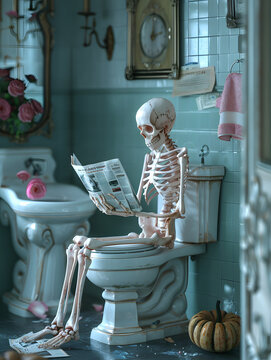 A skeleton is sitting on a wooden toilet reading a newspaper