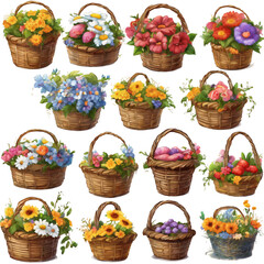 Cartoon Flowers in a Basket PNG Clipart Bundle