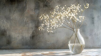 Tender dry gypsophila flowers in a glass vase and wabi sabi style